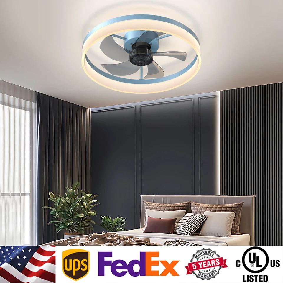 20" Modern Flush Mount Ceiling Fan Light Kit w Remote Dimmable Blue LED Fixture - Image 1 of 4