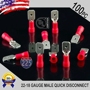 100 Pack 22-18 Gauge Male Quick Disconnect Red Vinyl Crimp Terminals .250" US UL - Picture 1 of 1