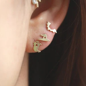 Funny Gold Silver Earrings Tiny Ghost Earrings Ear Studs Halloween Jewelry Gift - Picture 1 of 5