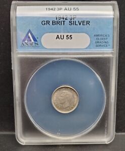 Great Britain 1942 3 Pence Silver Coin ANACS AU55
