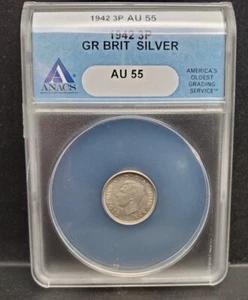 Great Britain 1942 3 Pence Silver Coin ANACS AU55 - Picture 1 of 2