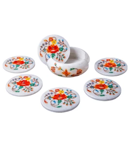 3" White Marble Dining Coaster Set Carnelian Stone Floral Inlay Art for Gift Dec - Picture 1 of 8