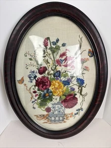 VTG Oval Convex Glass FRAMED CREWEL EMBROIDERY Floral Butterfly Art 22"x17" - Picture 1 of 11