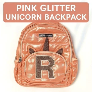 Justice Rucksack rosa Glitzer Einhorn mit R Initialen Hornohren Mädchen Schultasche - Bild 1 von 7