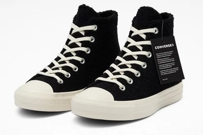 Converse Chuck Taylor All Star Platform Sherpa High Top Trainers – Black / White - Image 1 of 4
