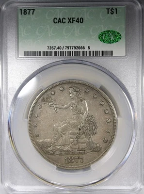 1877 Trade Dollar CAC XF40 Circulated Crusty Type Coin $1 - Image 1 of 4