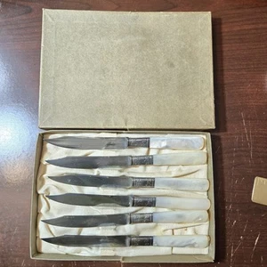 Universal L.F. &C Mother of Pearl & Sterling Handle Fruit Knife Set of 6 Vintage - Picture 1 of 5
