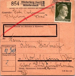 GERMANY 1944 WWII POSTAL PARCEL CARD RECEIPT ADDR CANC HOCHERBERG - Picture 1 of 2