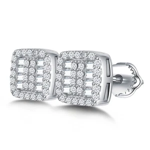 925 Sterling Silver Moissanite Cluster Stud Earrings Square Screw Back Mens Wome - Picture 1 of 7