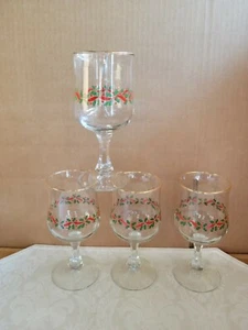 4pc Vtg Glass Holly Berry Ribbon Pedestal Christmas Irish Coffee Mugs gold rim - Picture 1 of 6