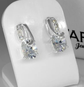925 Sterling Silver Cubic Zirconia CZ & Clear Quartz Ladies Dangle Earrings - Picture 1 of 4