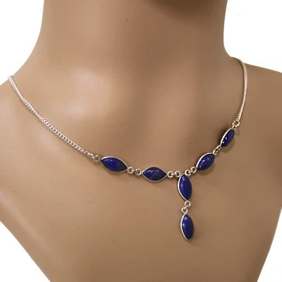 Lapislazzuli Argento Collana 925 Collier 40 CM Catena Cabochon Lapis Lazuli Blu - Immagine 1 di 4