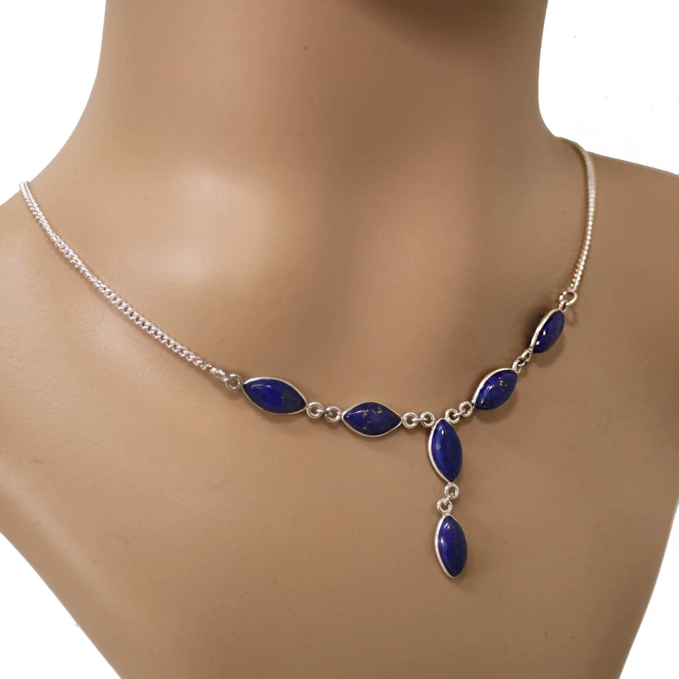 Lapislazzuli Argento Collana 925 Collier 40 CM Catena Cabochon Lapis Lazuli Blu - Immagine 1 di 4