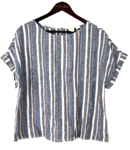 C&C California Womens Linen Shirt L Blue Monarch Striped Back Button Up Top T3 - Picture 1 of 12