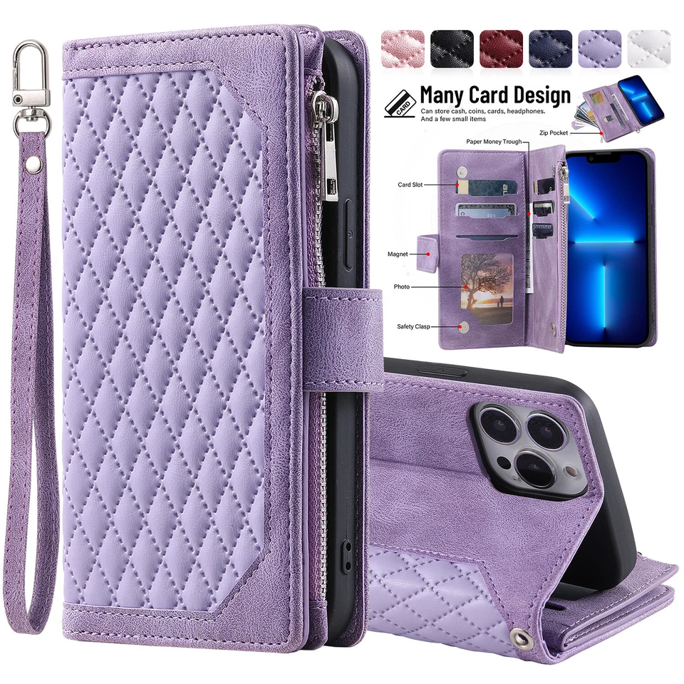 For iPhone 16 15 14 Pro Max 13 12 11 XR XS Leather Flip Case Zipper Wallet Cover - Image 1 of 4