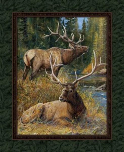 Lazy Afternoon Elk 45" Cotton Wall Hanging Panel Fabric - Picture 1 of 2