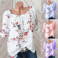 Plus Size Womens Boho Floral Loose Blouse Short Sleeve Tunic Tops Casual T Shirt