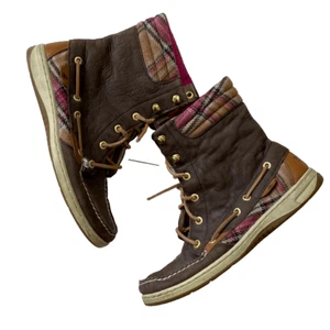 Woman's Sperry Hikerfish Plaid Lace-up Leather Boots Brown & Pink Size 8M - Picture 1 of 4