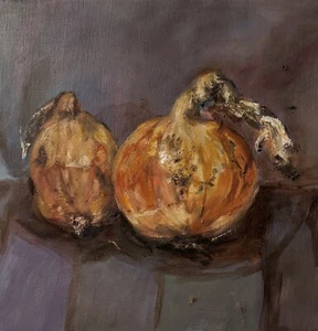 Original Still Life Oil Painting of Onions for Fun Kitchen Decor, on Wood. Small - Picture 1 of 5