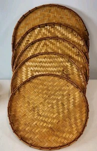 Vintage Nesting Woven Rattan Wicker Round Circle Serving Trays Set of 5 BOHO BAR - Picture 1 of 16