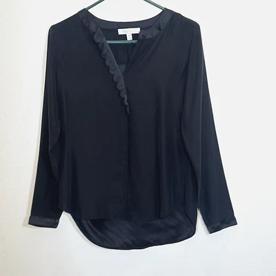 Etcetera 衬衫 100% 真丝黑色长袖扇贝细节女式 0 码衬衫 — 第 1/4 张图片