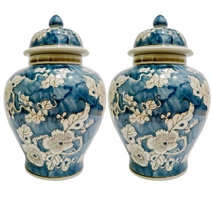 Pair of Indigo Blue Ginger Jars 12.5" Scrolling Floral - Picture 1 of 7