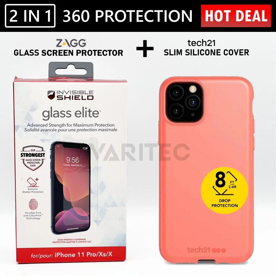 Zagg Glass Screen Protector + Tech21 Gel Case Back Cover for Apple iPhone 11 Pro - Image 1 of 1