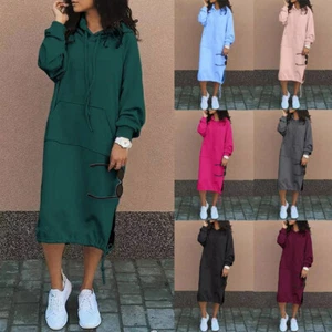 Women's Hooded Drawstrings Dresses Loose Long Sleeves Casual Hoodies Sweatshirts - Picture 1 of 19