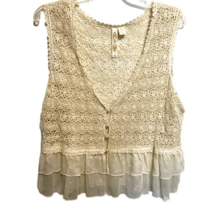 ADIVA Ladies Beige Sheer Crochet Top Womens XL Fairycore Cottagecore Sleeveless - Picture 1 of 6