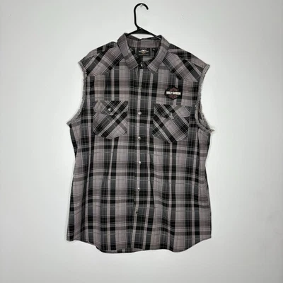 Harley-Davidson Embroidered Wing Logo Blowout Plaid Sleeveless Shirt Men's XL - Image 1 of 4