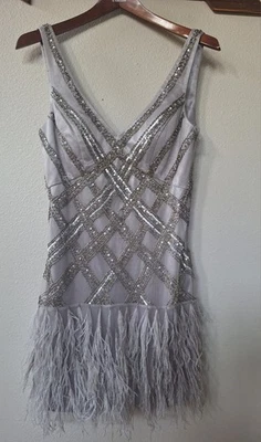 Vestido de cóctel Sue Wong Nocturne Gatsby con cuentas lentejuelas pluma de avestruz talla 6 Foto 1 de 4