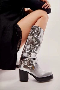 Free People Jeffrey Campbell Buckle Up Baby Moto Boots Silver Leather 8.5 NEW - Picture 1 of 7