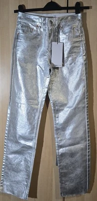 Pantalones de mezclilla de fiesta Stradivarious recubiertos de plata tiro bajo talla 6 únicos pierna recta nuevos con etiquetas - Imagen 1 de 4