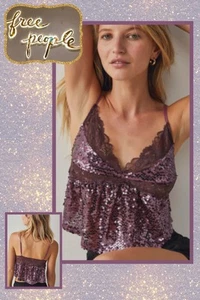🍷NEW! Free People Intmtly Right Rhythm Sparkly Sequin Cami Wine Combo Sz Small - Picture 1 of 21