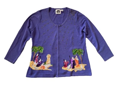 Cárdigan de Navidad Belén Bordado Lentejuelas Cuentas Tejidos Libro de Cuentos Talla 1X Foto 1 de 4