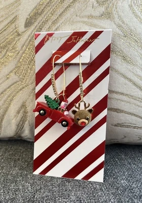 New! Betsey Johnson Santa Truck & Reindeer Mismatch Drop Earrings Crystal - Image 1 of 4
