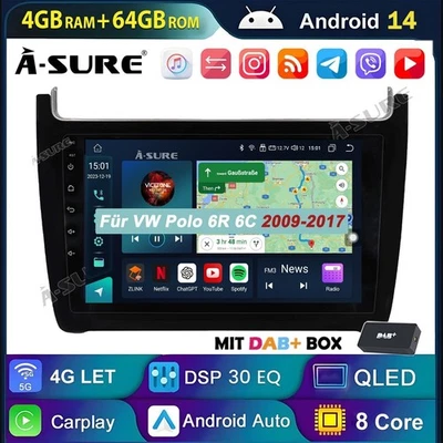 DAB+ 8-Core 4G Android 14 AutoRadio Carplay Navi DSP Für VW Polo 6R 6C 2009-2017 - Bild 1 von 4