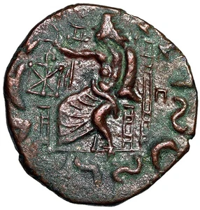 Baktrian Kingdom: Hermaios AE24 "Portrait & Zeus Seated" Good Very Fine - Picture 1 of 5