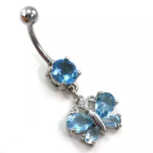 Aqua CZ Blue Butterfly Dangle Belly Button Navel Ring Body Jewelry Silver Tone - Picture 1 of 1