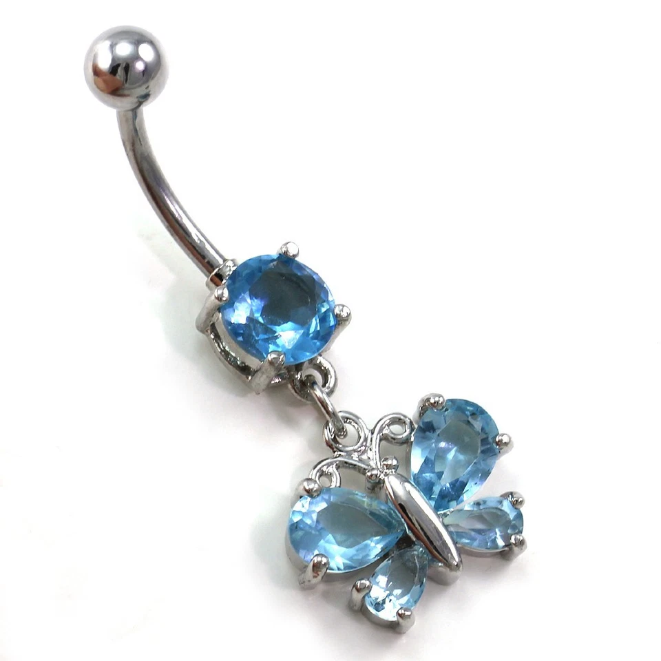 Aqua CZ Blue Butterfly Dangle Belly Button Navel Ring Body Jewelry Silver Tone - Image 1 of 1