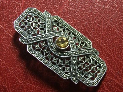 835 Silver - Vintage Retrò Marcasite & Citrino su Un Silver Spilla - Immagine 1 di 3