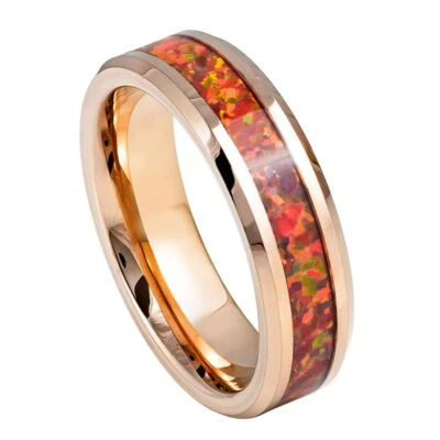 Tungsten Ring Band Rose Gold IP Plated with Synthetic Red Fire For Men & Women - Image 1 of 4