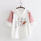 Kids Cartoon Print Top Girl Japanese Kawaii Hooded Rabbit T-Shirt Tee Cute
