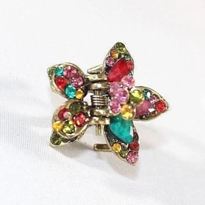 Brand New Gold Tone Vintage Vibrant Flower Hair Clip Claw w/Multi Color Crystals - Picture 1 of 4