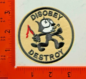 Felix the Cat Disobey Destroy Patch – Embroidered Iron-On Sew-On Retro Cartoon B - Picture 1 of 1