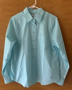 Foxcroft 14P faltenfrei LS Aqua Knopfleiste Damen Bluse Baumwolle Äpfelsamen - Bild 1 von 4