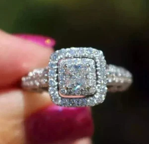 2.85 CT Princess Cut Created Diamonds Halo Engagement Ring 14K White Gold Plated - Picture 1 of 4