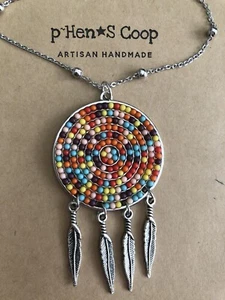 Necklace Beaded Circle Pendant multi-color w Feathers 14+2” Artisan USA 1981 - Picture 1 of 2
