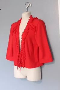 Nanette Lepore Red Fringe Trimmed Cardigan Sweater Medium - Picture 1 of 5