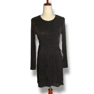 ModCloth Black Shimmer Crewneck Long Sleeve Tulip Hem Mini Dress Size XSmall - Picture 1 of 9